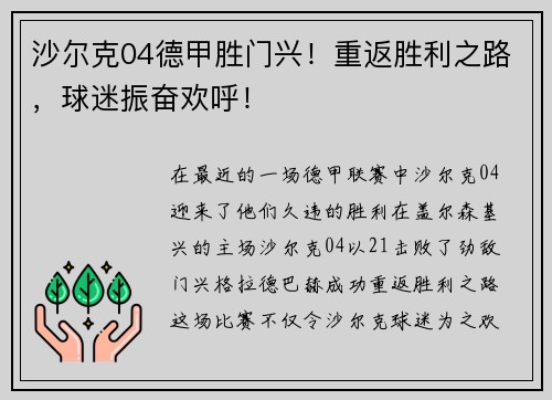 沙尔克04德甲胜门兴！重返胜利之路，球迷振奋欢呼！